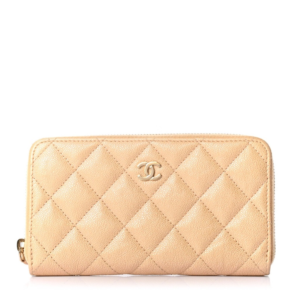 CHANEL Biege Caviar Quilted Leather Wallet